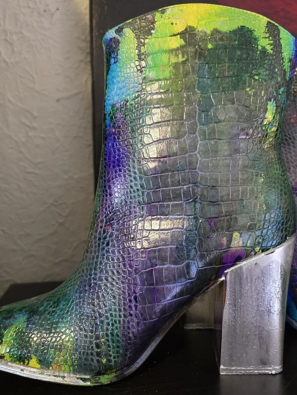 HANDCRAFTED Upcycled Ankle Boots HANDPAINTED Size 9.5 Bootie Snake Print Texture